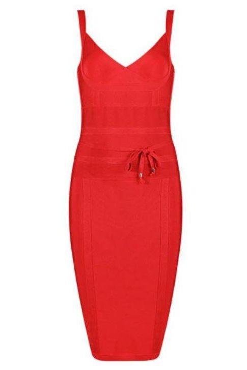 Woman wearing a figure flattering Bek Bandage Dress - Lipstick Red Bodycon Collection