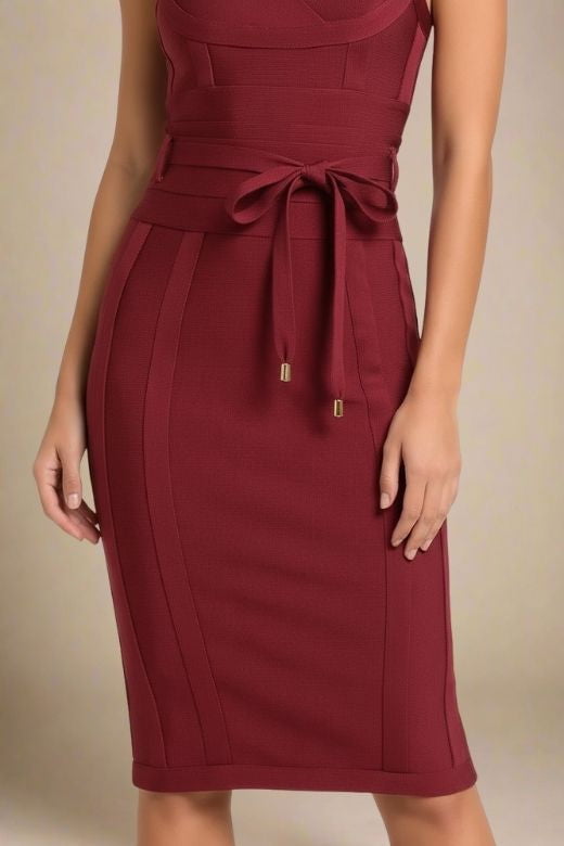 Woman wearing a figure flattering Bek Bandage Dress - Red Wine Bodycon Collection