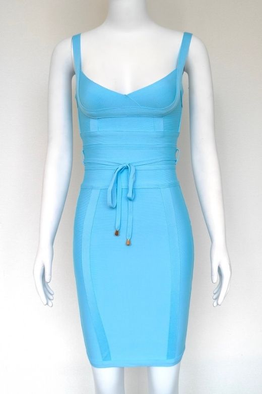 Woman wearing a figure flattering Bek Bandage Dress - Sky Blue Bodycon Collection