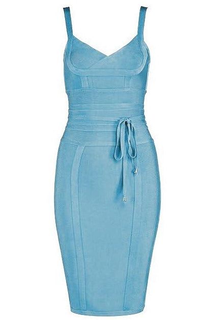 Woman wearing a figure flattering Bek Bandage Dress - Sky Blue Bodycon Collection