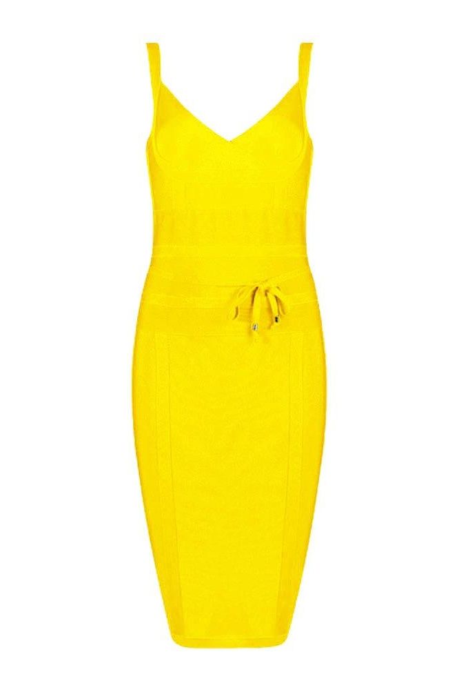 Woman wearing a figure flattering Bek Bandage Dress - Sun Yellow Bodycon Collection