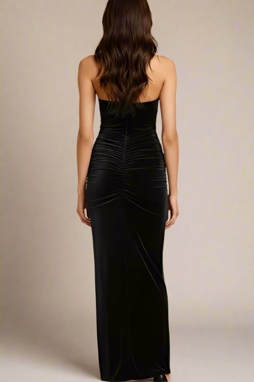 Woman wearing a figure flattering Bella Bodycon Wrap Maxi Dress - Classic Black BODYCON COLLECTION Pty Ltd