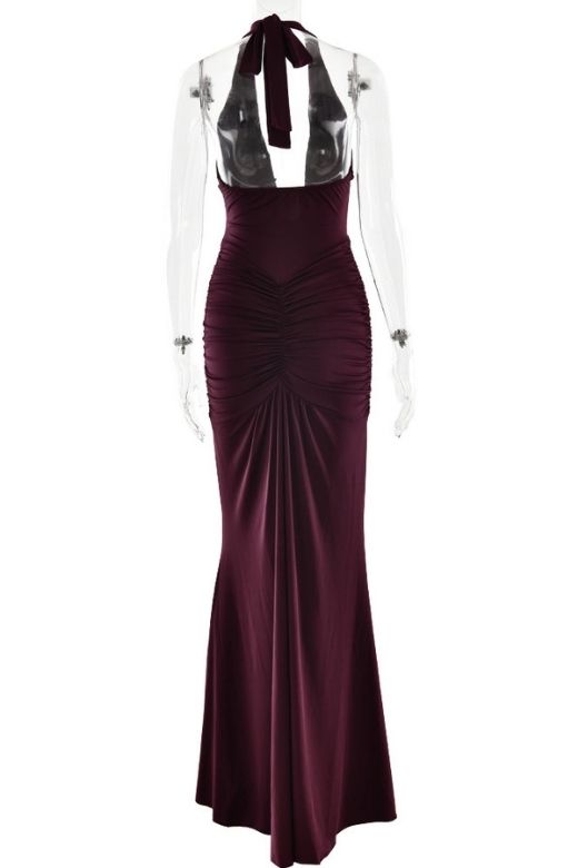 Woman wearing a figure flattering Bella Bodycon Wrap Maxi Dress - Red Wine BODYCON COLLECTION Pty Ltd