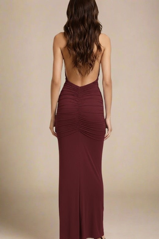 Woman wearing a figure flattering Bella Bodycon Wrap Maxi Dress - Red Wine BODYCON COLLECTION Pty Ltd