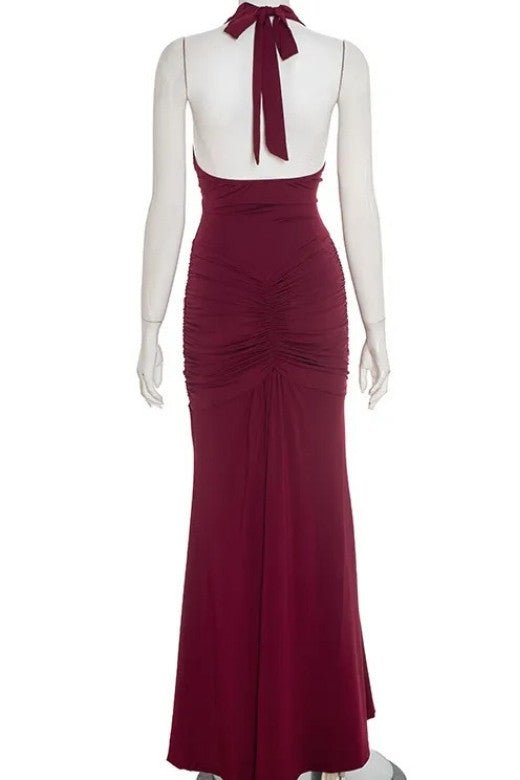 Woman wearing a figure flattering Bella Bodycon Wrap Maxi Dress - Red Wine BODYCON COLLECTION Pty Ltd