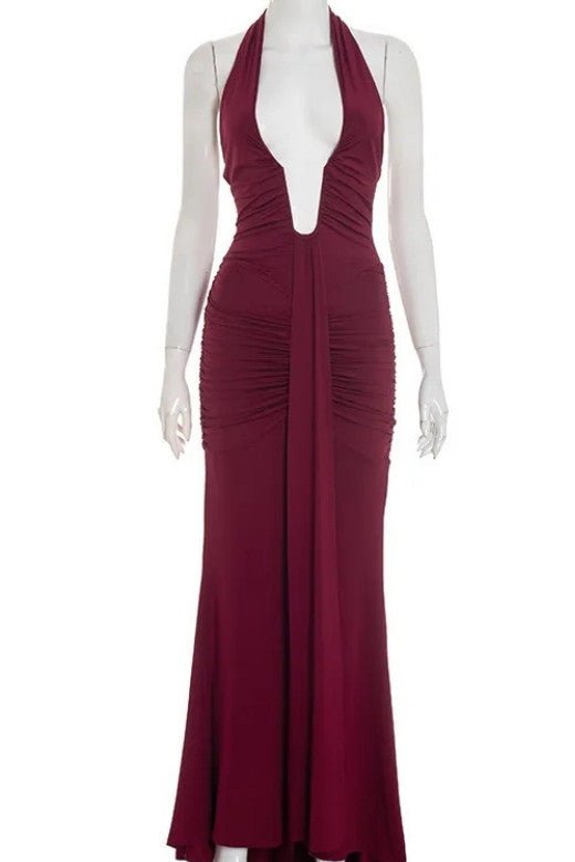 Woman wearing a figure flattering Bella Bodycon Wrap Maxi Dress - Red Wine BODYCON COLLECTION Pty Ltd