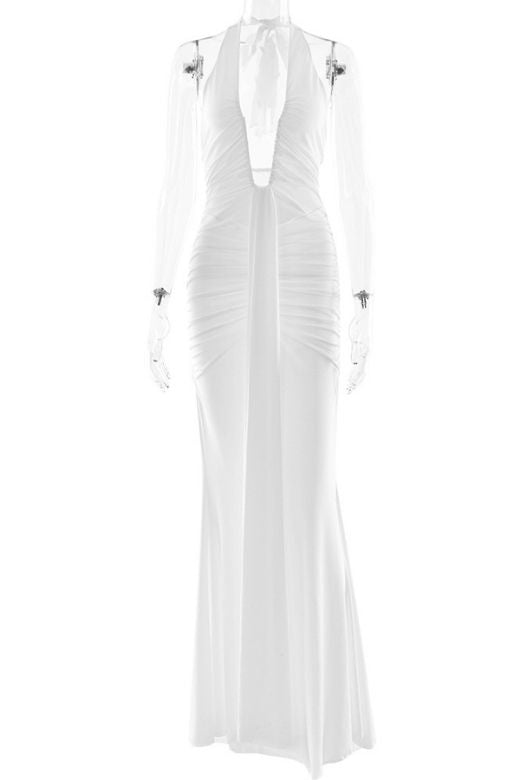 Woman wearing a figure flattering Bella Bodycon Wrap Maxi Dress - White Pearl BODYCON COLLECTION Pty Ltd