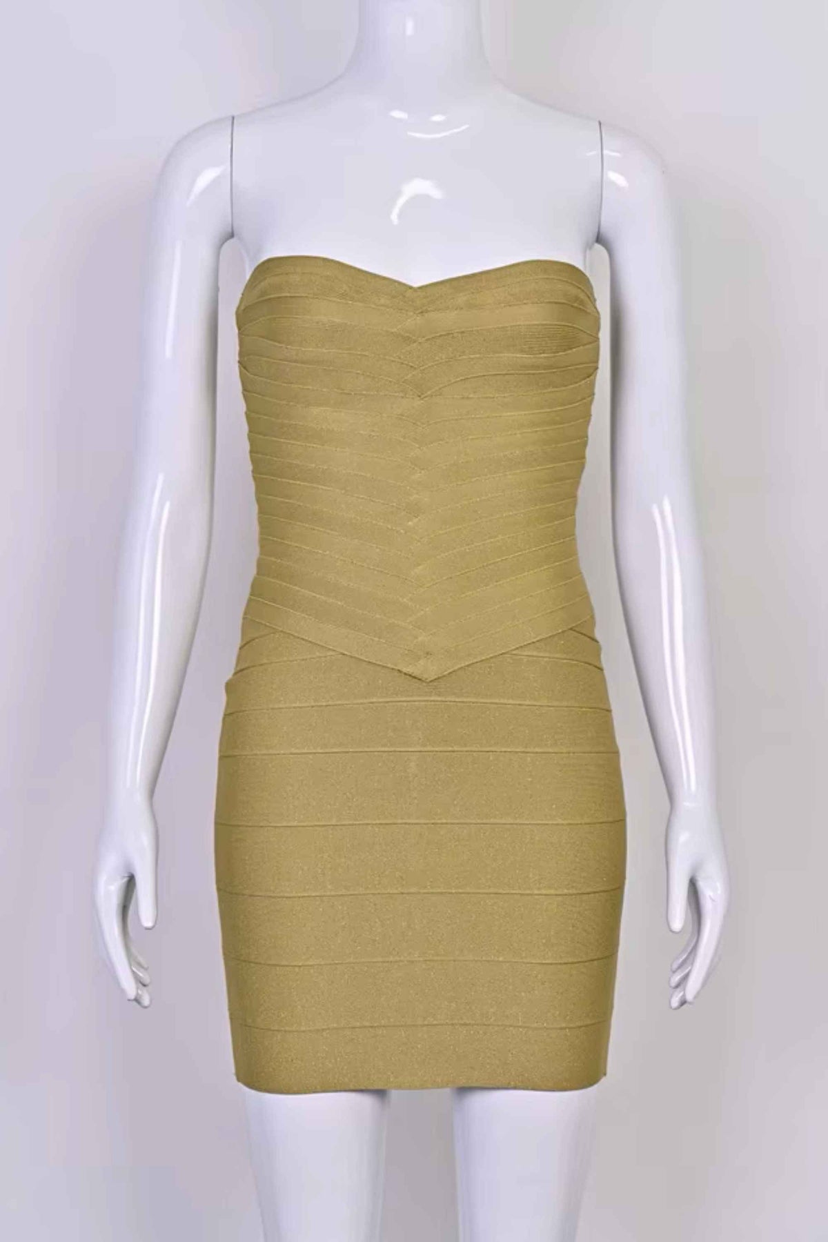 Woman wearing a figure flattering Belle Bandage Mini Dress - Olive Green BODYCON COLLECTION Pty Ltd