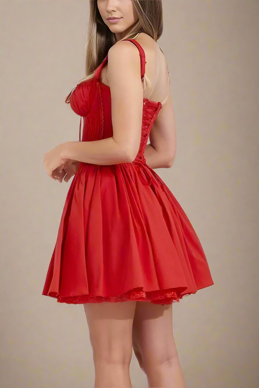 Woman wearing a figure flattering Belle Bodycon Mini Dress - Lipstick Red BODYCON COLLECTION