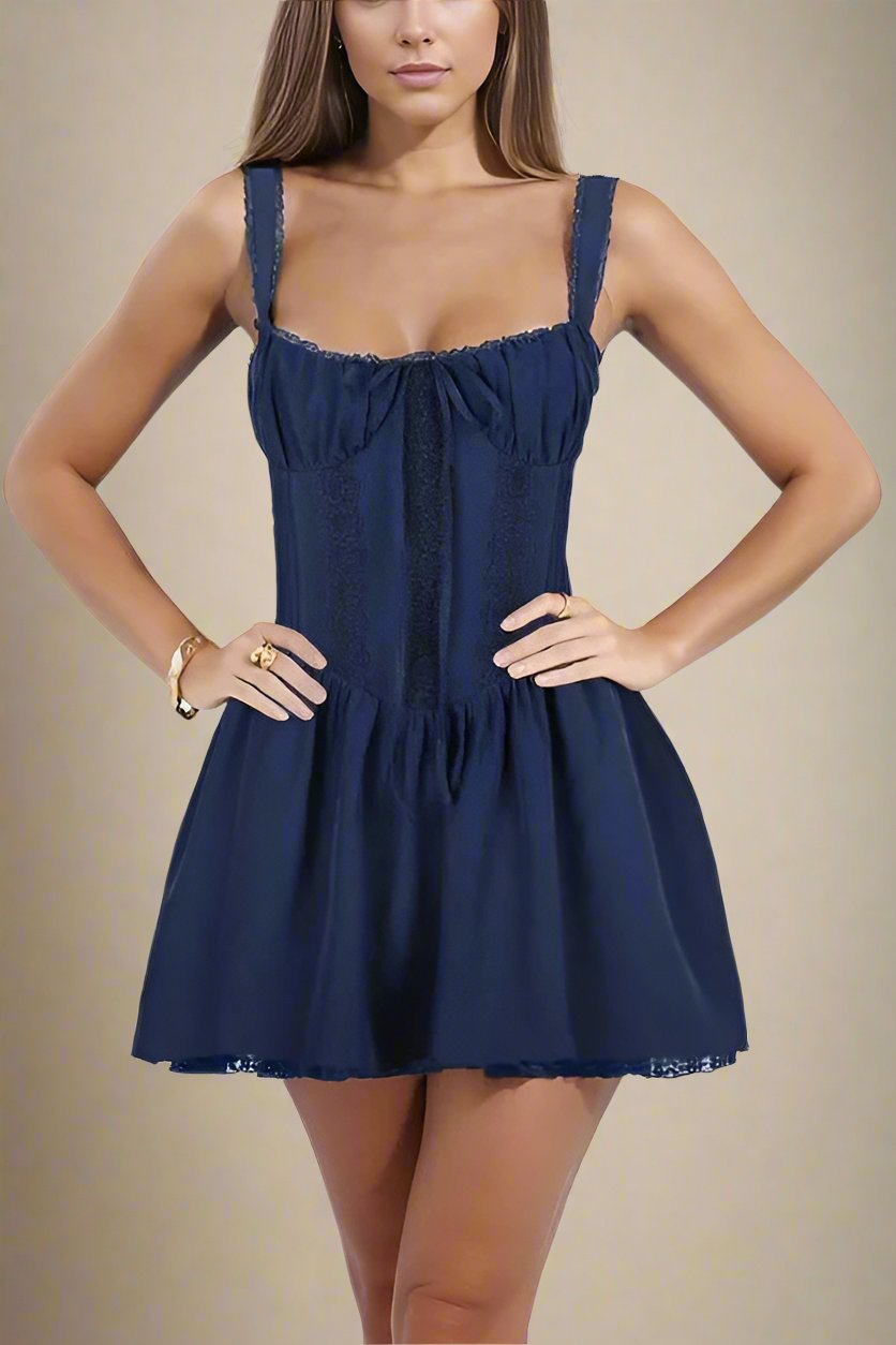 Woman wearing a figure flattering Belle Bodycon Mini Dress - Navy Blue BODYCON COLLECTION