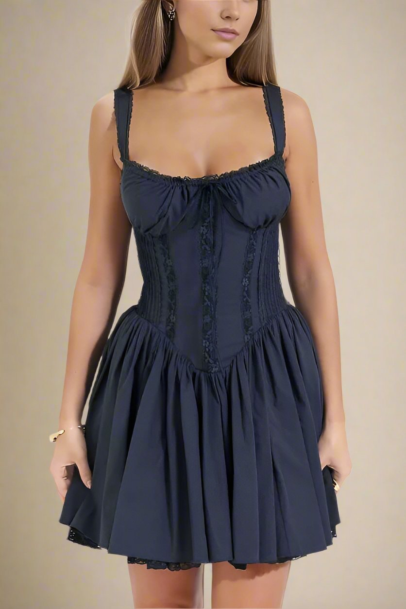 Woman wearing a figure flattering Belle Bodycon Mini Dress - Navy Blue BODYCON COLLECTION