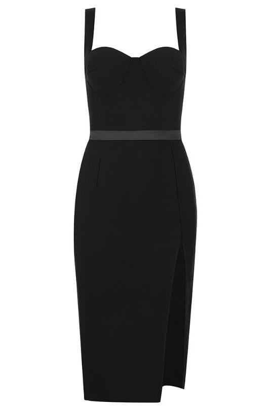 Woman wearing a figure flattering Beth Bandage Corset Dress - Classic Black BODYCON COLLECTION