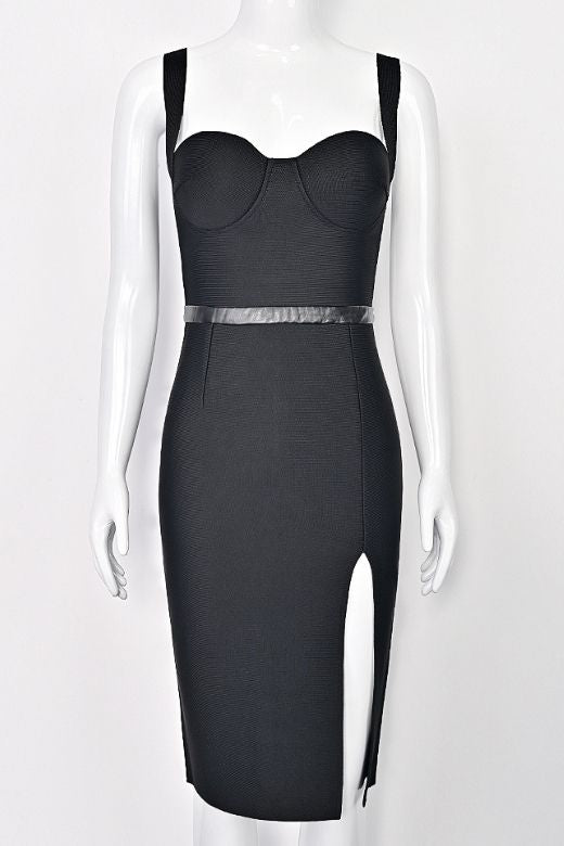 Woman wearing a figure flattering Beth Bandage Corset Dress - Classic Black BODYCON COLLECTION