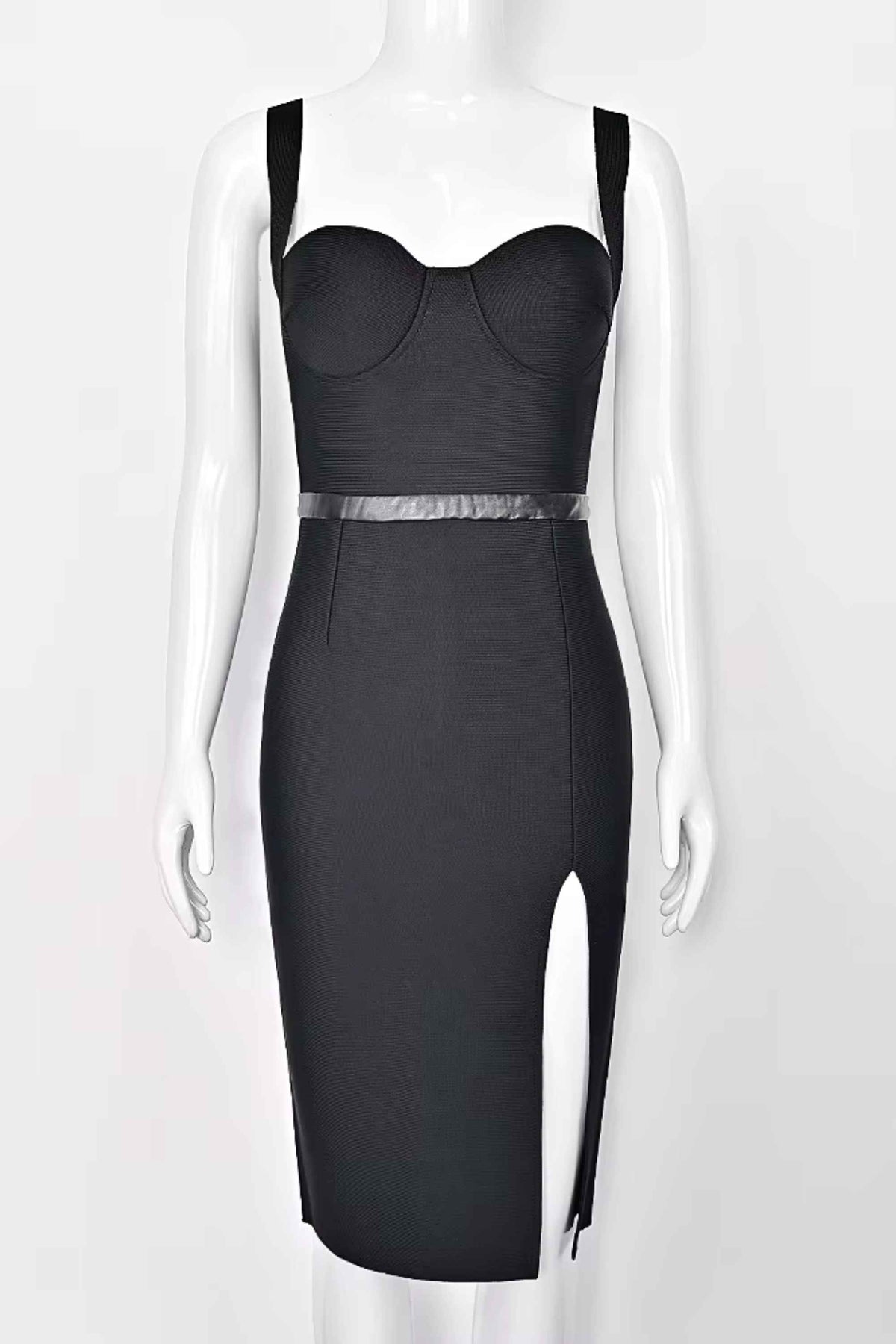 Woman wearing a figure flattering Beth Bandage Corset Dress - Classic Black BODYCON COLLECTION