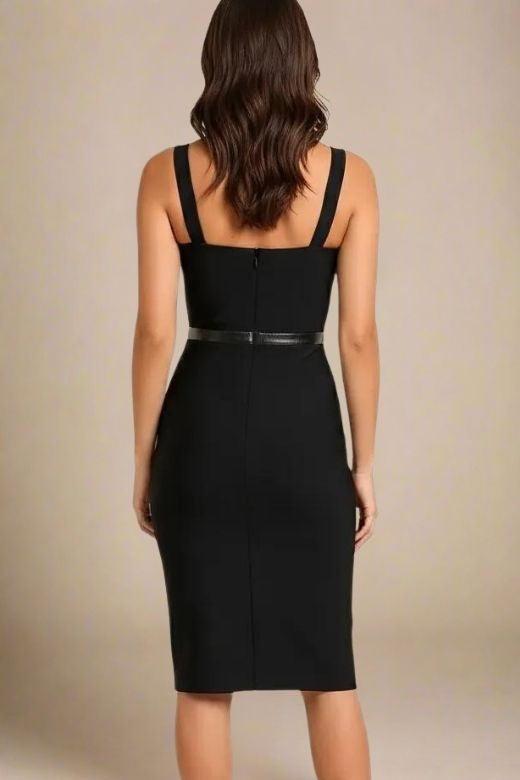 Woman wearing a figure flattering Beth Bandage Corset Dress - Classic Black BODYCON COLLECTION
