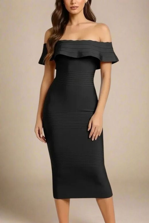 Woman wearing a figure flattering Billie Bandage Midi Dress - Classic Black Bodycon Collection