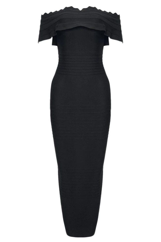 Woman wearing a figure flattering Billie Bandage Midi Dress - Classic Black Bodycon Collection