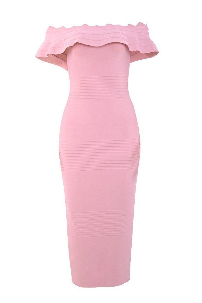 Woman wearing a figure flattering Billie Bandage Midi Dress - Dusty Pink Bodycon Collection