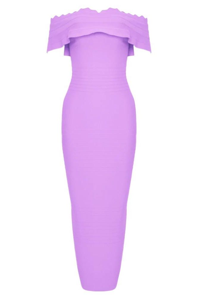 Woman wearing a figure flattering Billie Bandage Midi Dress - Violet Bodycon Collection