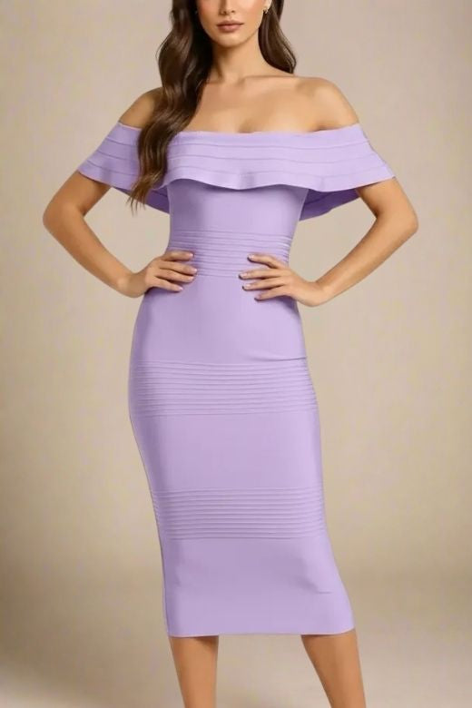 Woman wearing a figure flattering Billie Bandage Midi Dress - Violet Purple Bodycon Collection