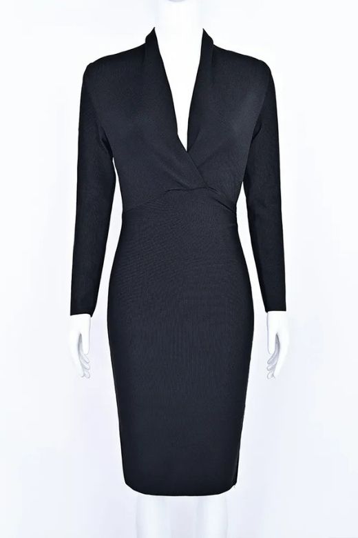 Woman wearing a figure flattering Blaire Long Sleeve Bandage Dress - Classic Black BODYCON COLLECTION