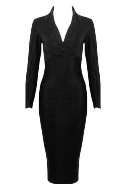 Woman wearing a figure flattering Blaire Long Sleeve Bandage Dress - Classic Black BODYCON COLLECTION