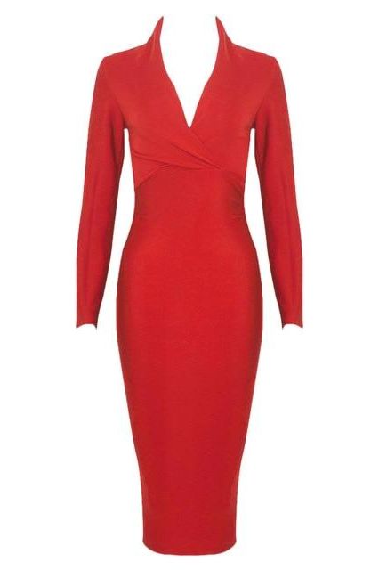 Woman wearing a figure flattering Blaire Long Sleeve Bandage Dress - Lipstick Red BODYCON COLLECTION