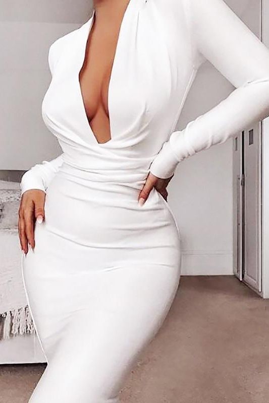 Woman wearing a figure flattering Blaire Long Sleeve Bandage Dress - Pearl White BODYCON COLLECTION