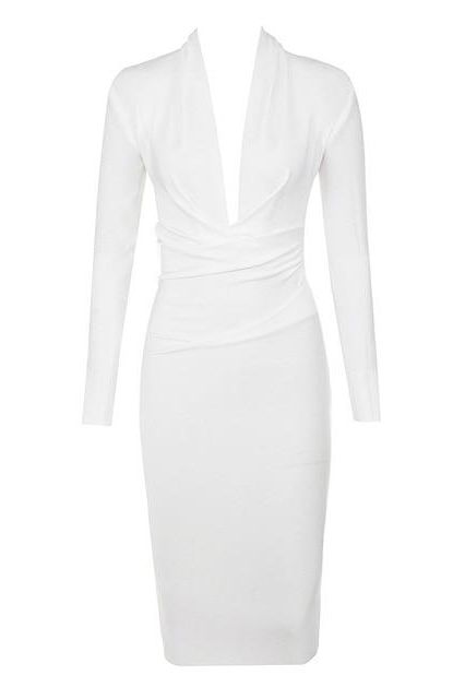 Woman wearing a figure flattering Blaire Long Sleeve Bandage Dress - Pearl White BODYCON COLLECTION