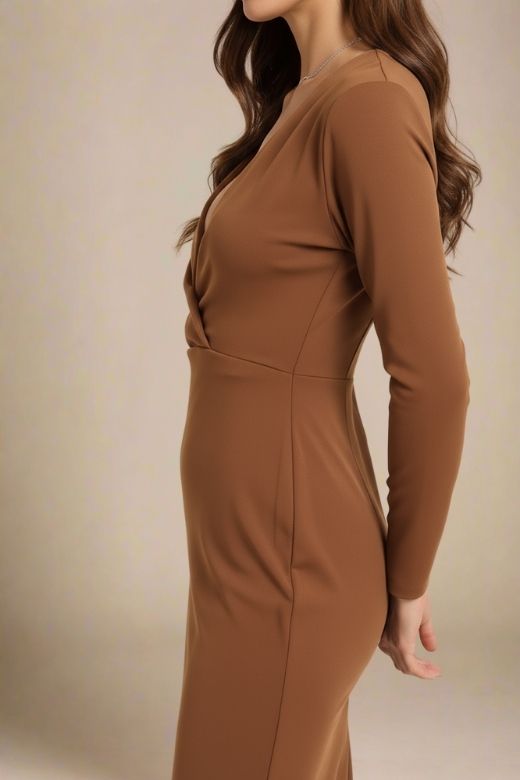 Woman wearing a figure flattering Blaire Long Sleeve Bandage Dress - Tan Brown BODYCON COLLECTION