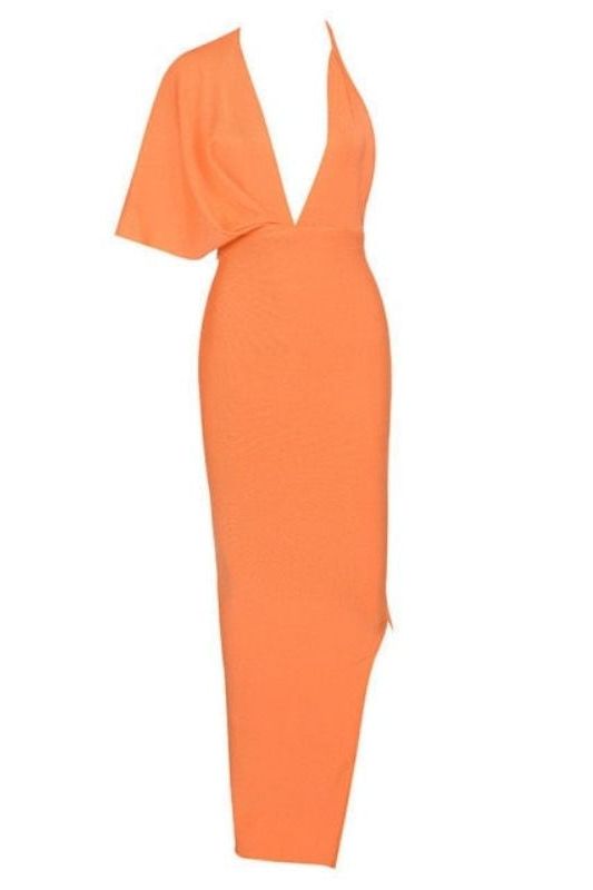 Woman wearing a figure flattering Blake Bandage Maxi Dress - Apricot Orange BODYCON COLLECTION