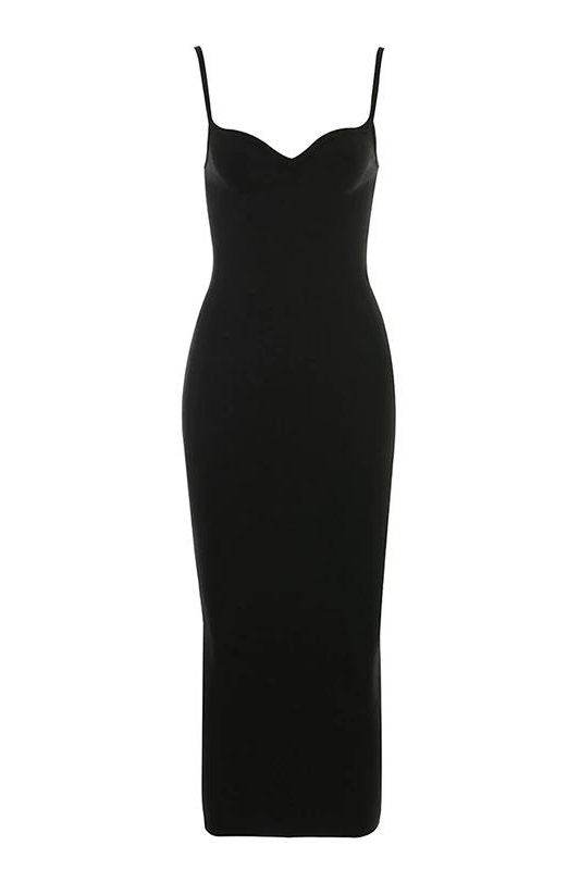 Woman wearing a figure flattering Blanche Bandage Midi Dress - Classic Black BODYCON COLLECTION
