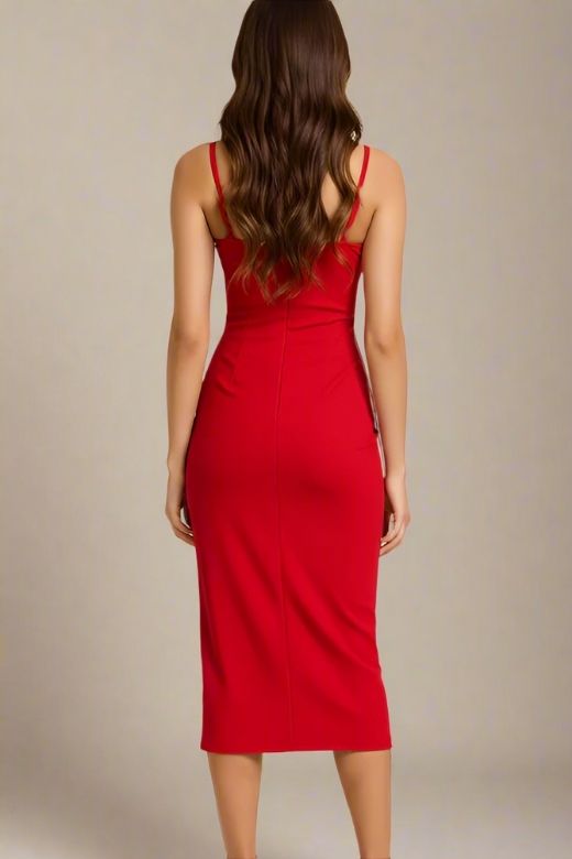 Woman wearing a figure flattering Blanche Bandage Midi Dress - Lipstick Red BODYCON COLLECTION