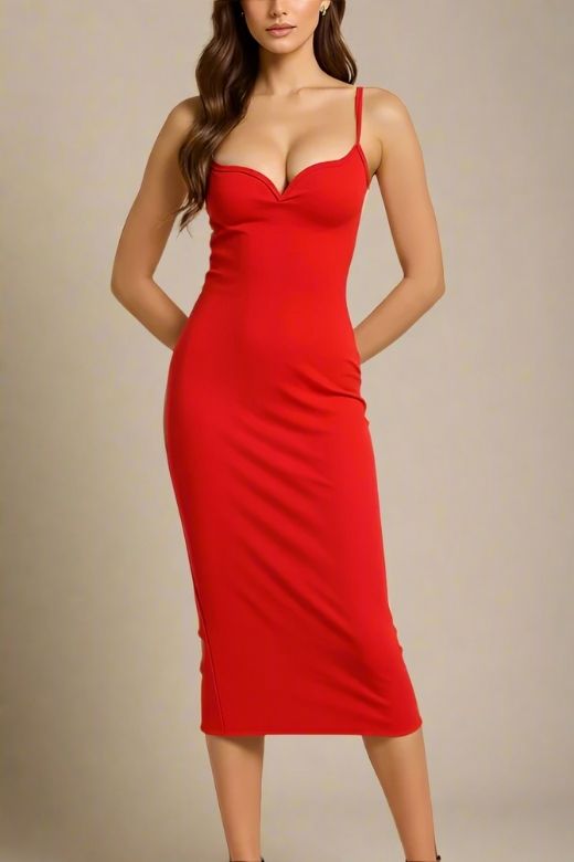 Woman wearing a figure flattering Blanche Bandage Midi Dress - Lipstick Red BODYCON COLLECTION