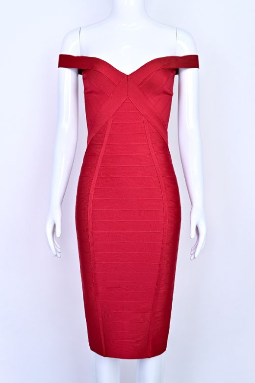 Woman wearing a figure flattering Breanna Bandage Dress - Chilli Red BODYCON COLLECTION