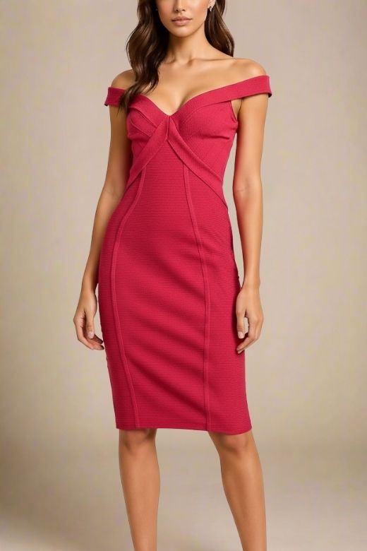 Woman wearing a figure flattering Breanna Bandage Dress - Chilli Red BODYCON COLLECTION
