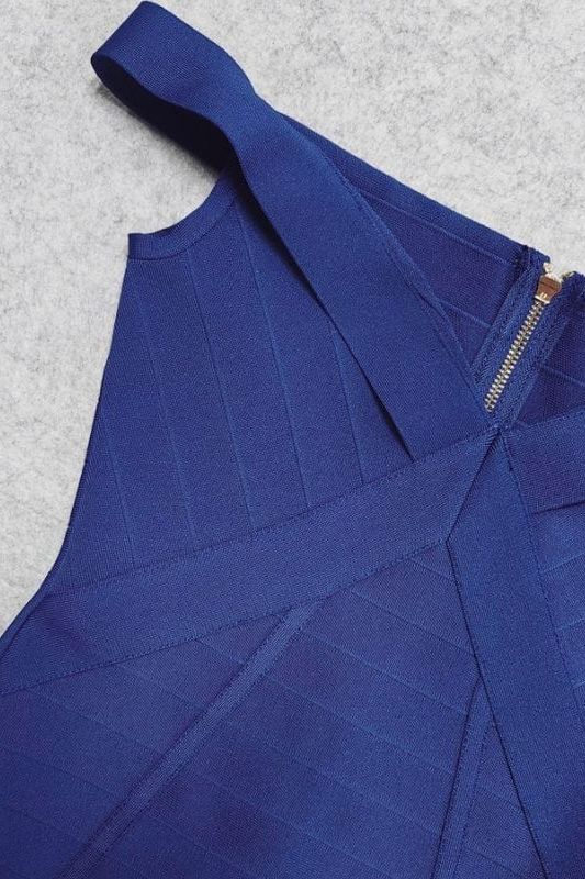 Woman wearing a figure flattering Breanna Bandage Dress - Navy Blue BODYCON COLLECTION