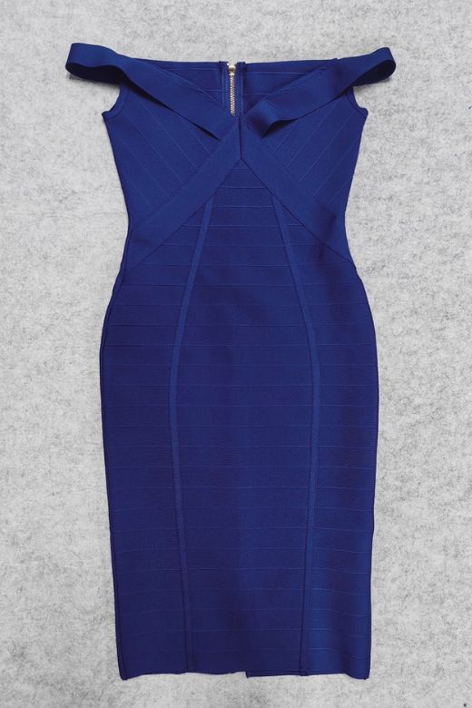 Woman wearing a figure flattering Breanna Bandage Dress - Navy Blue BODYCON COLLECTION