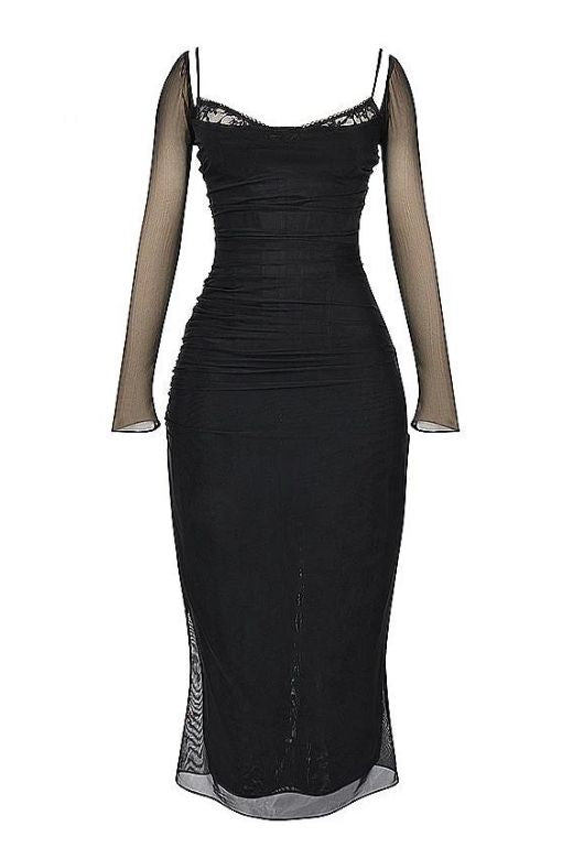 Woman wearing a figure flattering Brianna Bodycon Long Sleeve Maxi Dress - Classic Black BODYCON COLLECTION