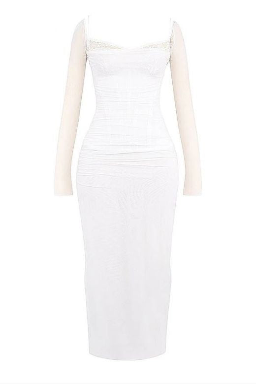 Woman wearing a figure flattering Brianna Bodycon Long Sleeve Maxi Dress - Pearl White BODYCON COLLECTION