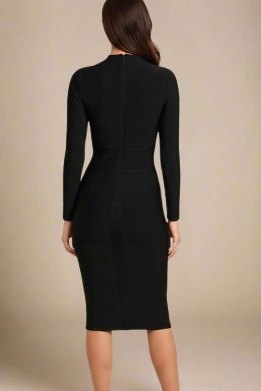 Woman wearing a figure flattering Brooke Long Sleeve Bandage Dress - Classic Black BODYCON COLLECTION