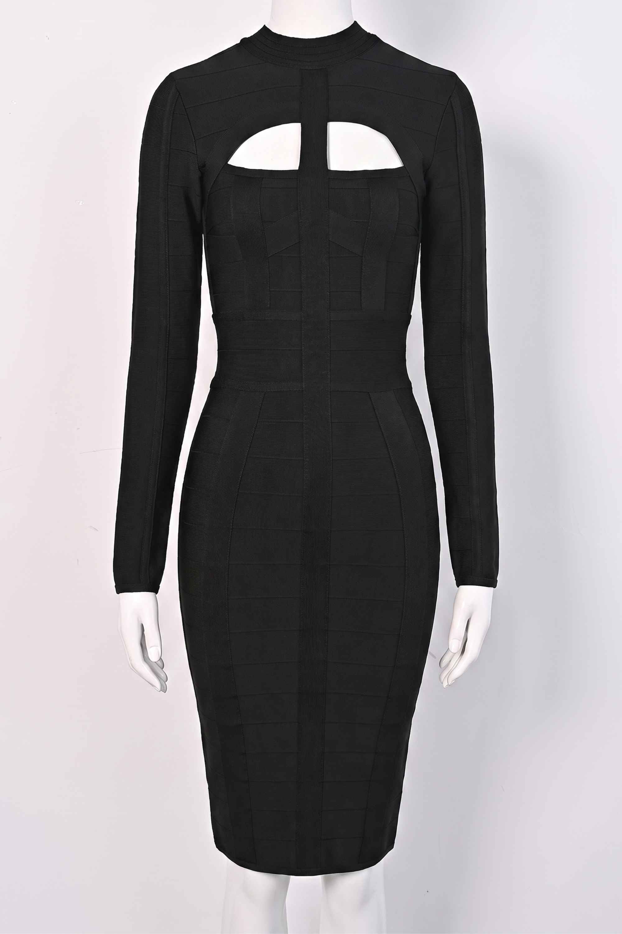 Woman wearing a figure flattering Brooke Long Sleeve Bandage Dress - Classic Black BODYCON COLLECTION