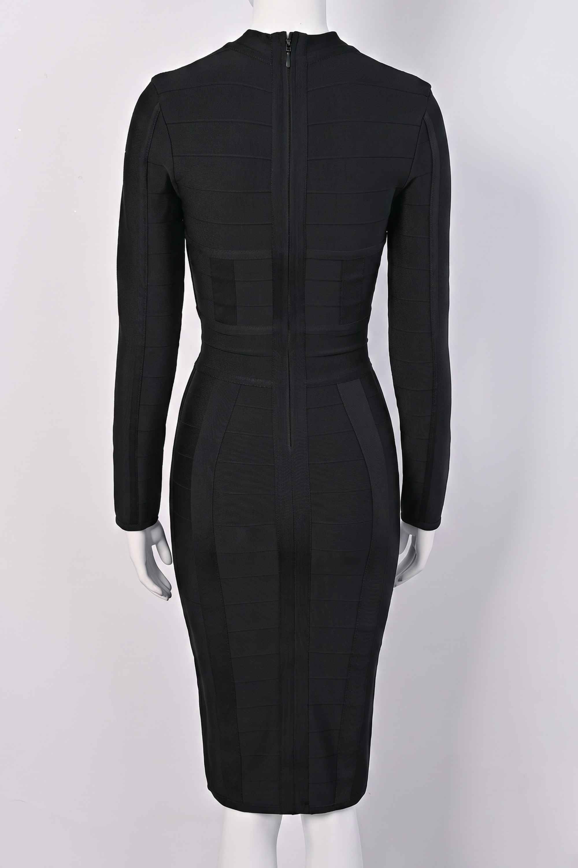 Woman wearing a figure flattering Brooke Long Sleeve Bandage Dress - Classic Black BODYCON COLLECTION