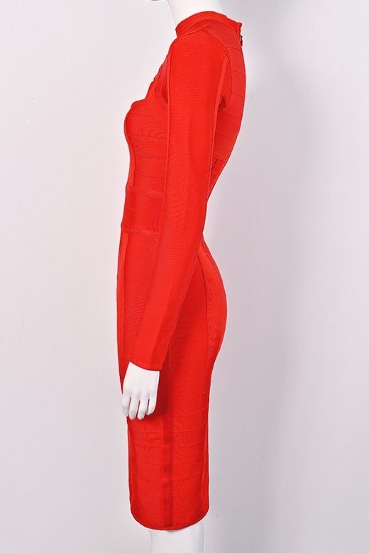Woman wearing a figure flattering Brooke Long Sleeve Bandage Dress - Lipstick Red BODYCON COLLECTION