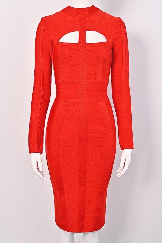 Woman wearing a figure flattering Brooke Long Sleeve Bandage Dress - Lipstick Red BODYCON COLLECTION