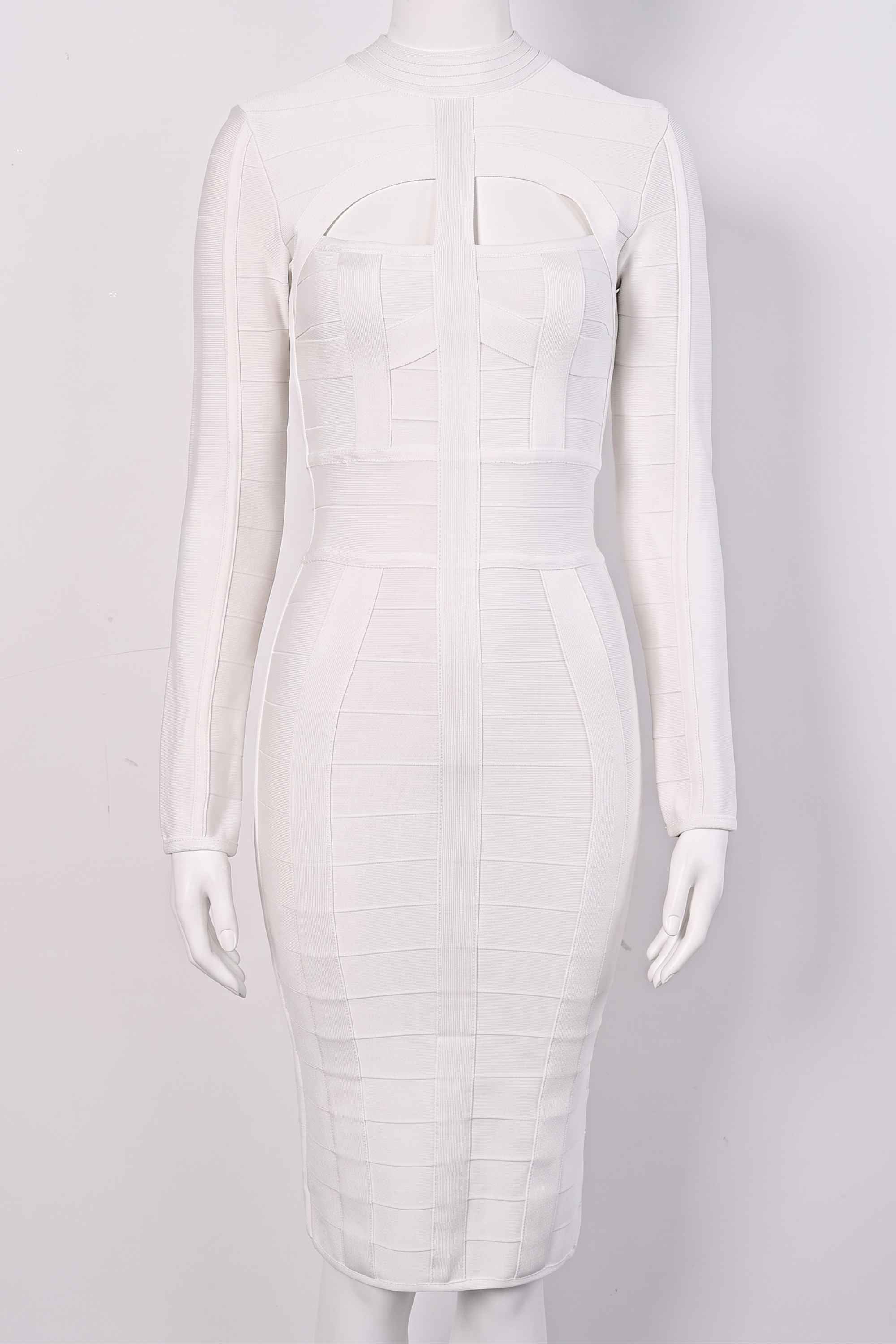 Woman wearing a figure flattering Brooke Long Sleeve Bandage Dress - Pearl White BODYCON COLLECTION