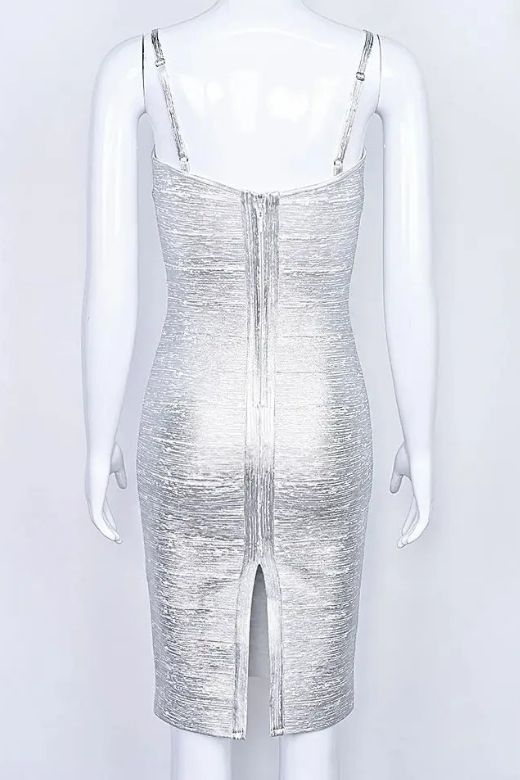 Woman wearing a figure flattering Camila Bandage Dress - Silver BODYCON COLLECTION Pty Ltd