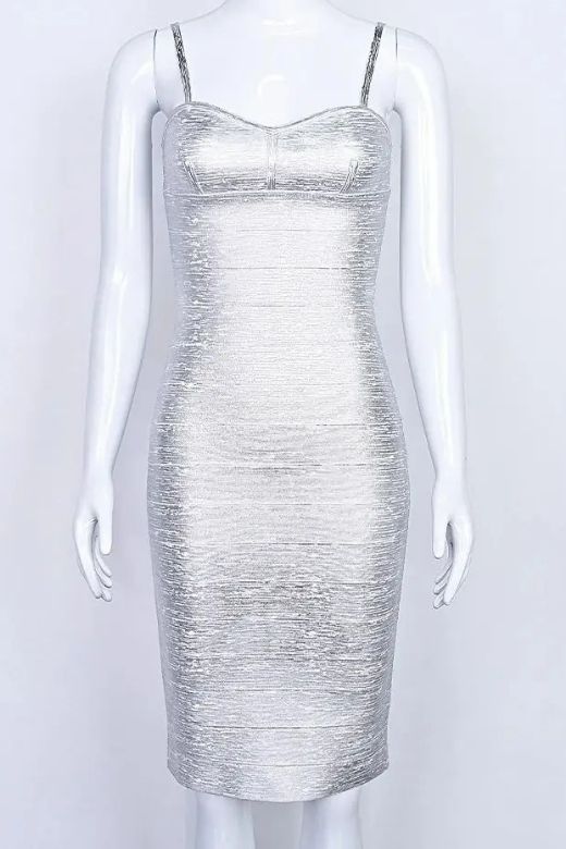 Woman wearing a figure flattering Camila Bandage Dress - Silver BODYCON COLLECTION Pty Ltd