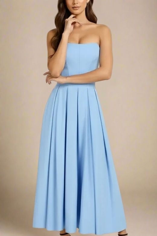 Woman wearing a figure flattering Capri Strapless Midi Dress - Sky Blue BODYCON COLLECTION