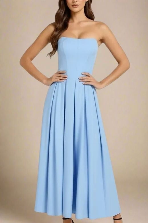 Woman wearing a figure flattering Capri Strapless Midi Dress - Sky Blue BODYCON COLLECTION